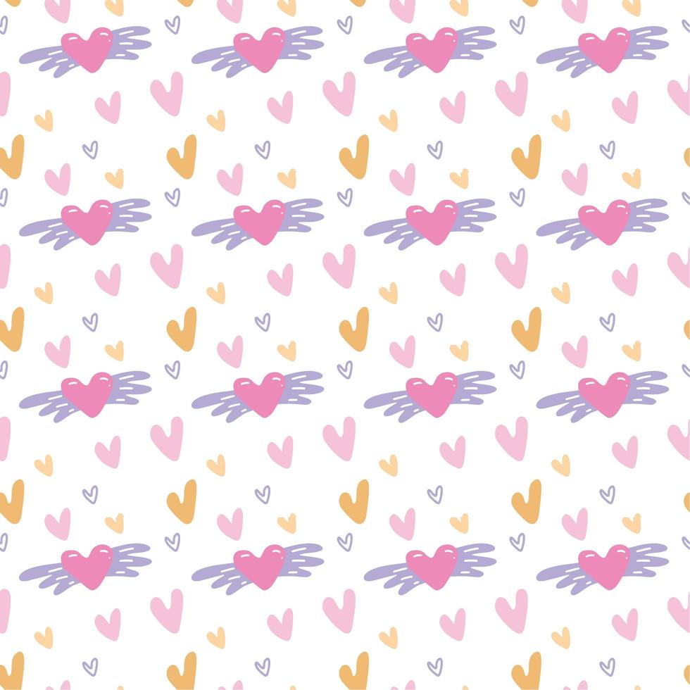 Seamless pattern for Valentine's Day. Hand drawn hearts with wings. Doodle Vector illustration.