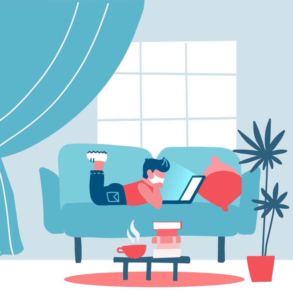 Coronavirus quarantine concept. Small pupil, student working on a laptop at home lying on sofa, online learning for children, study with computer. Prevent infection spreading. Flat vector illustration