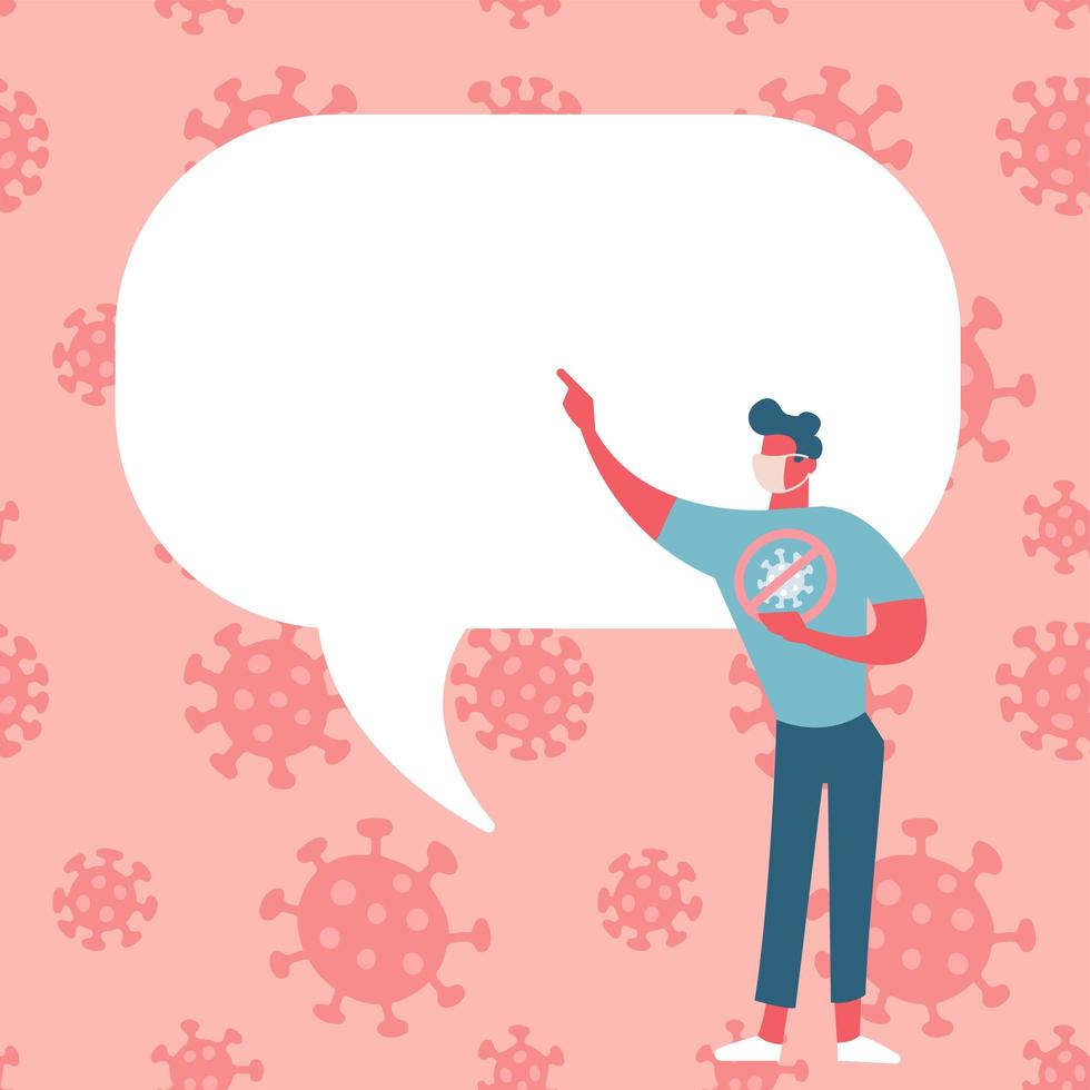 Man character wearing medical mask to prevent disease, flu, air pollution with speech bubble. Banner to post your text about MERS-Cov, COVID-19, Novel coronavirus, 2019-nCoV. Flat vector illustration.