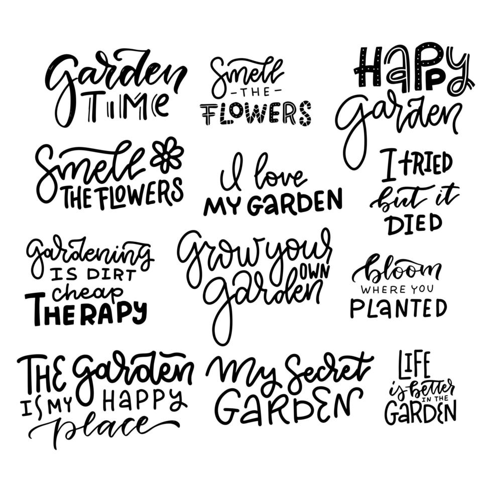 gran conjunto de citas de jardinería con letras a mano. refrán divertido sobre jardines y flores. frases de moda aisladas sobre fondo blanco. ilustración vectorial dibujada a mano vector