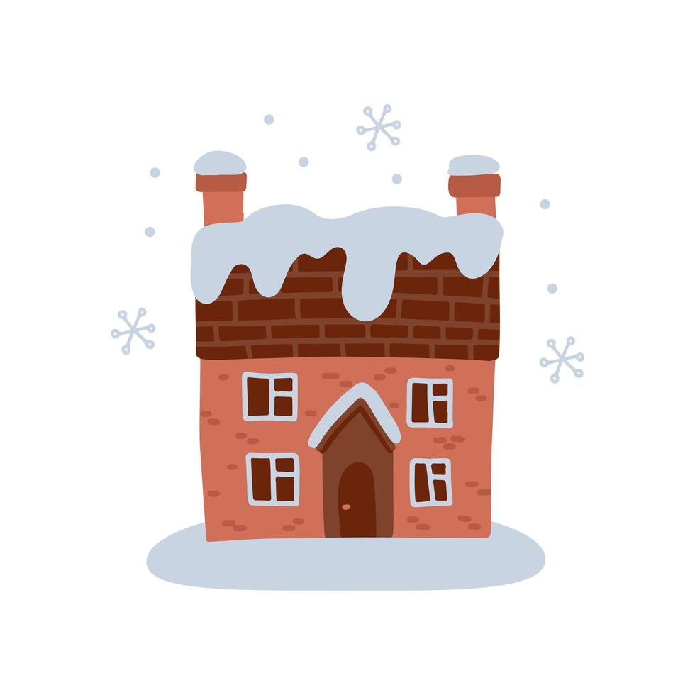 Winter house. Cute homes in snow, forest cottage or townhomes with snowy roof. Home sweet home. Freehand isolated element. Vector flat hand drawn Illustration. Only 5 colors - Easy to recolor.