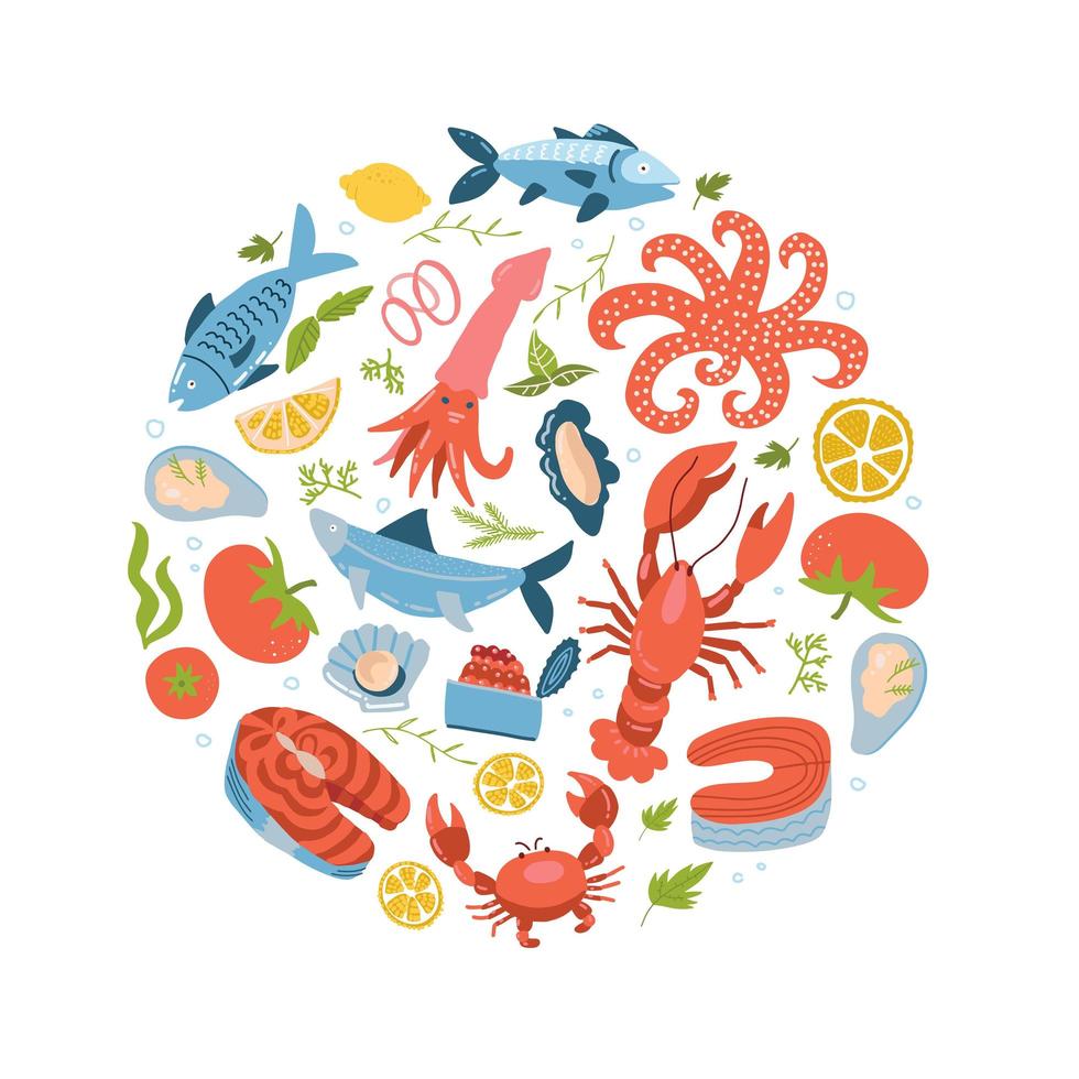 iconos de mariscos establecidos en estilo plano redondo y circular. colección de comida de mar aislada sobre fondo blanco. productos de pescado, elemento de diseño de comida marina. ilustración dibujada a mano plana vectorial. vector