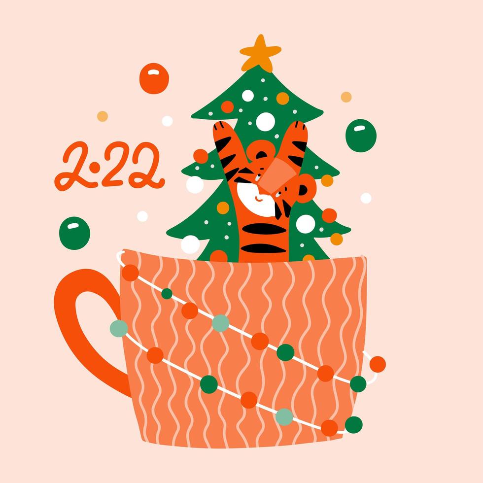 A cute tiger in a sitting in huge orange cup with Christmas tree. Vector flat hand drawn illustration, greeting card concept for Christmas and New 2022 Year.