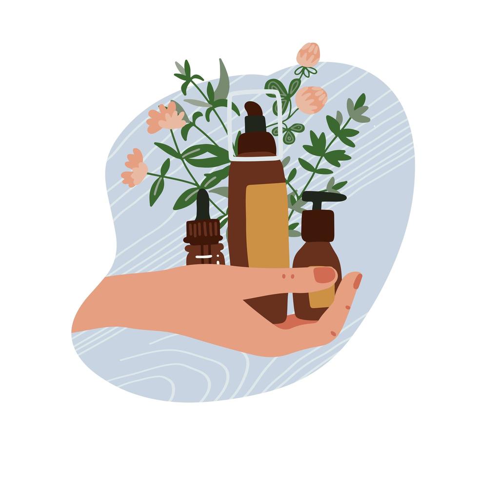 Female hand holding different organic cosmetics tubes and bottles with plants and branches. Fashion illustration. Online store. Vector flat hand drawn illustration