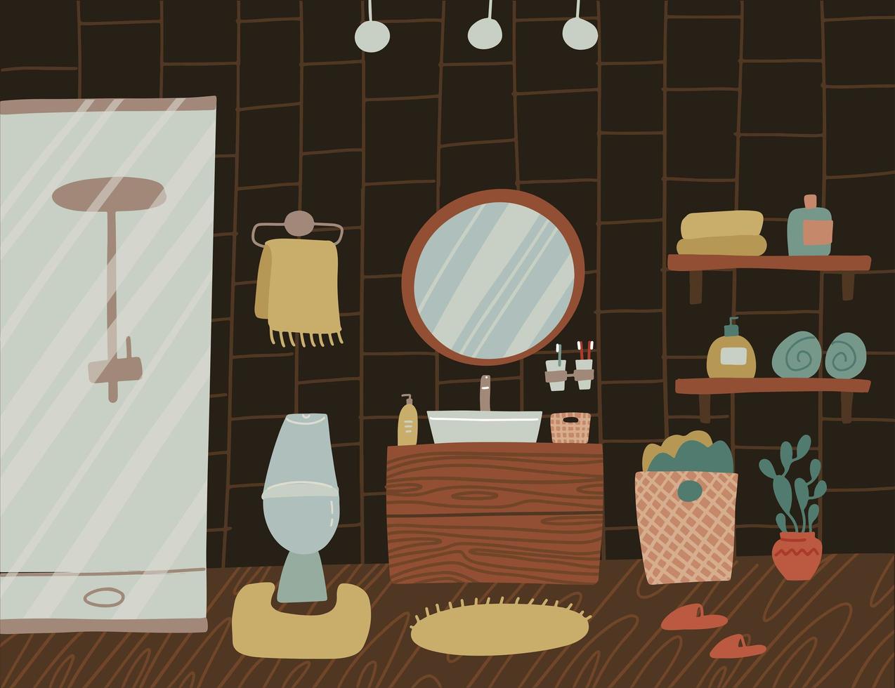 Stylish dark wooden Scandinavian bathroom interior - tap, shower, toilet, sink, home decorations. Cozy modern comfy apartment furnished in Hygge style. Vector flat illustration