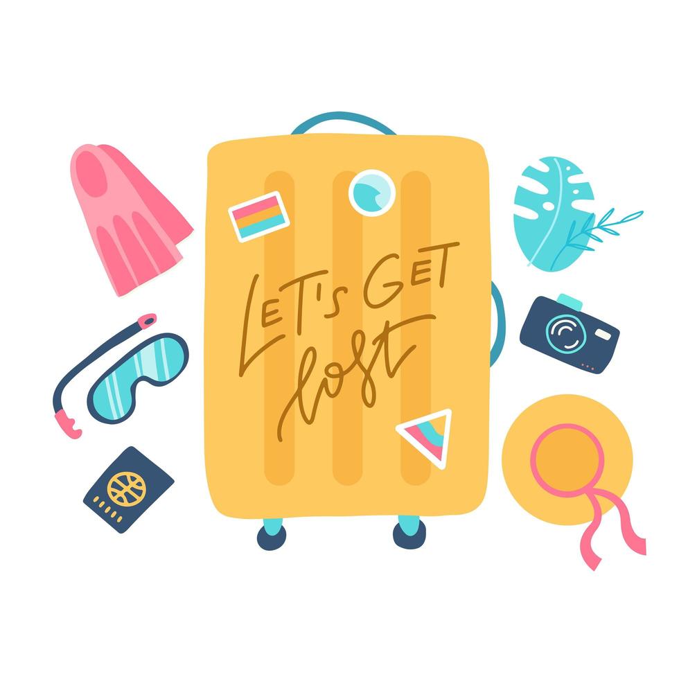 Composition with a yellow suitcase and accessories travel. Holidays on the beach concept. Vector flat illustration with lettering quote Let's get lost.