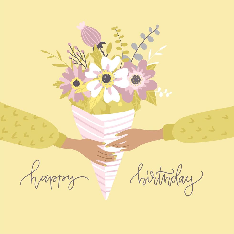 Two Hands holding a bouquet of flowers in paper packaging. Branches of eucalyptus,hydrangea, lily in pastel colors. Vector Flat illustration with floral composition with lettering Happy birthday.