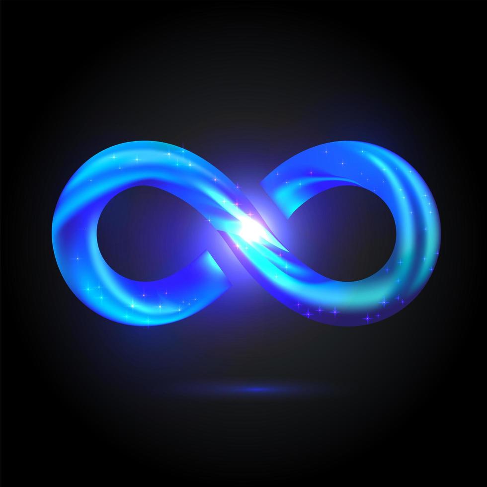 símbolo de infinito de volumen brillante con fuego blanco en el interior. signo de swoosh de fusión azul brillante. ilustración vectorial 3d aislada sobre fondo negro. onda espiral de neón brillante vector