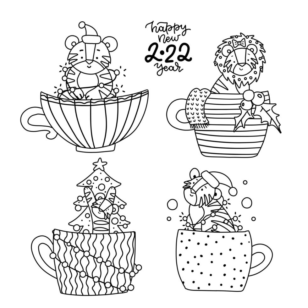 Symbol of 2022 little tiger in hand drawn liner style. New Year coloring page set. Black on white line art illustration. vector