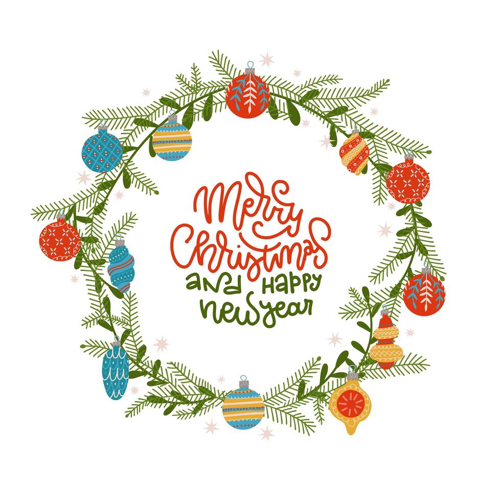 Christmas wreath with leaves, pine branches and decorative baubleas and balls. Round frame for winter design. Vector flat hand drawn background