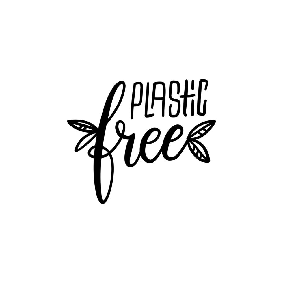Plastic free logo. Black and white composition with leaves. Zero waste concept, recycle, reuse, reduce - ecological lifestyle, sustainable development. Vector hand drawn illustration