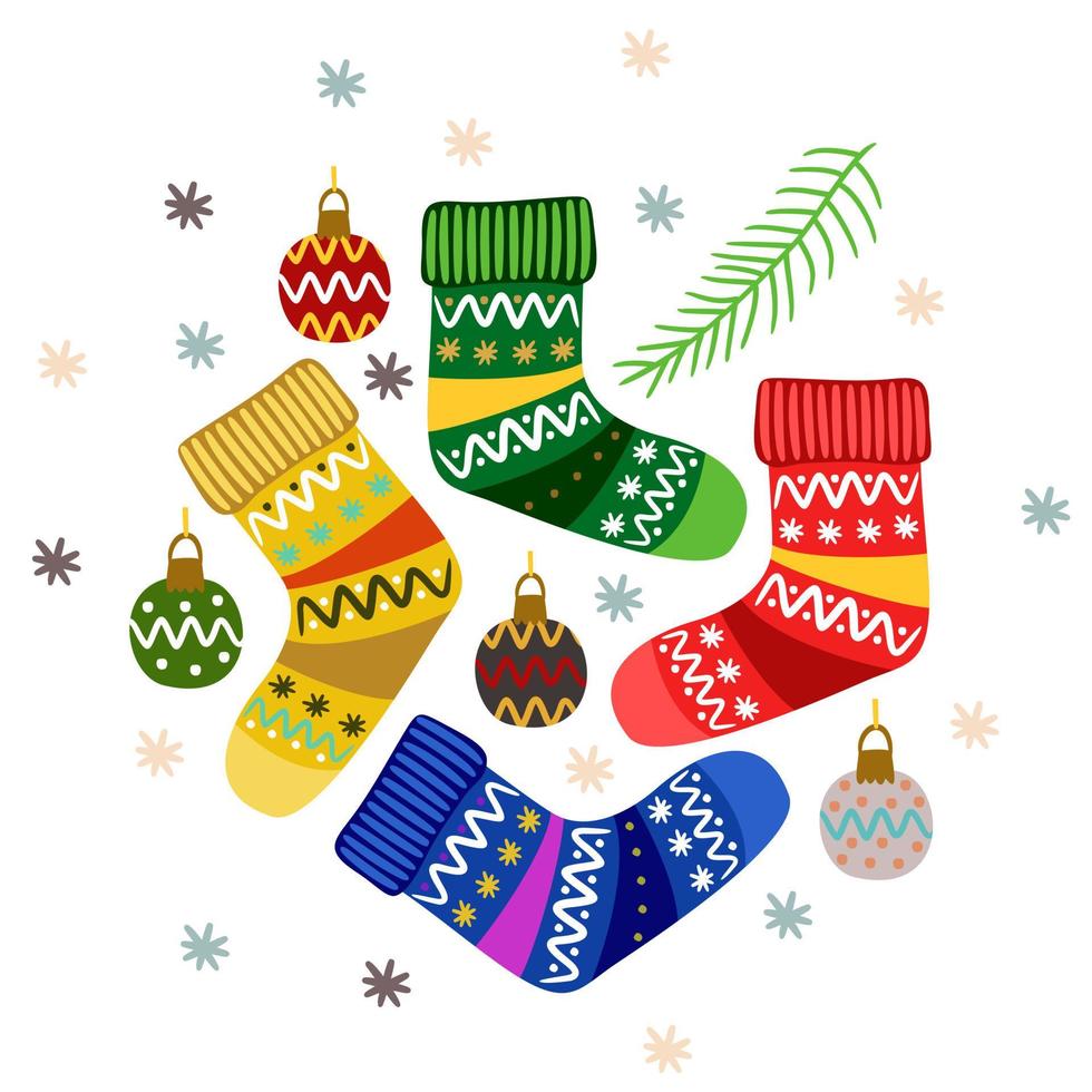 calcetines de punto cálidos con adorno, rodeados de juguetes navideños. vector