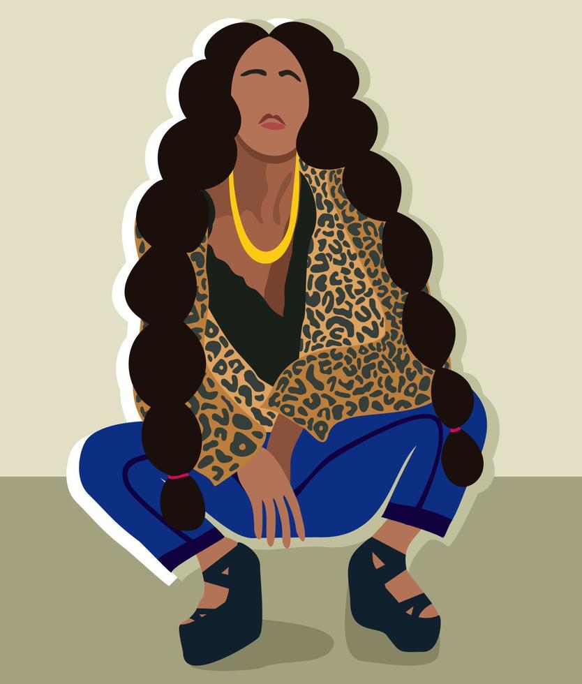 Vector portrait of african girl with long hair sitting squat down.