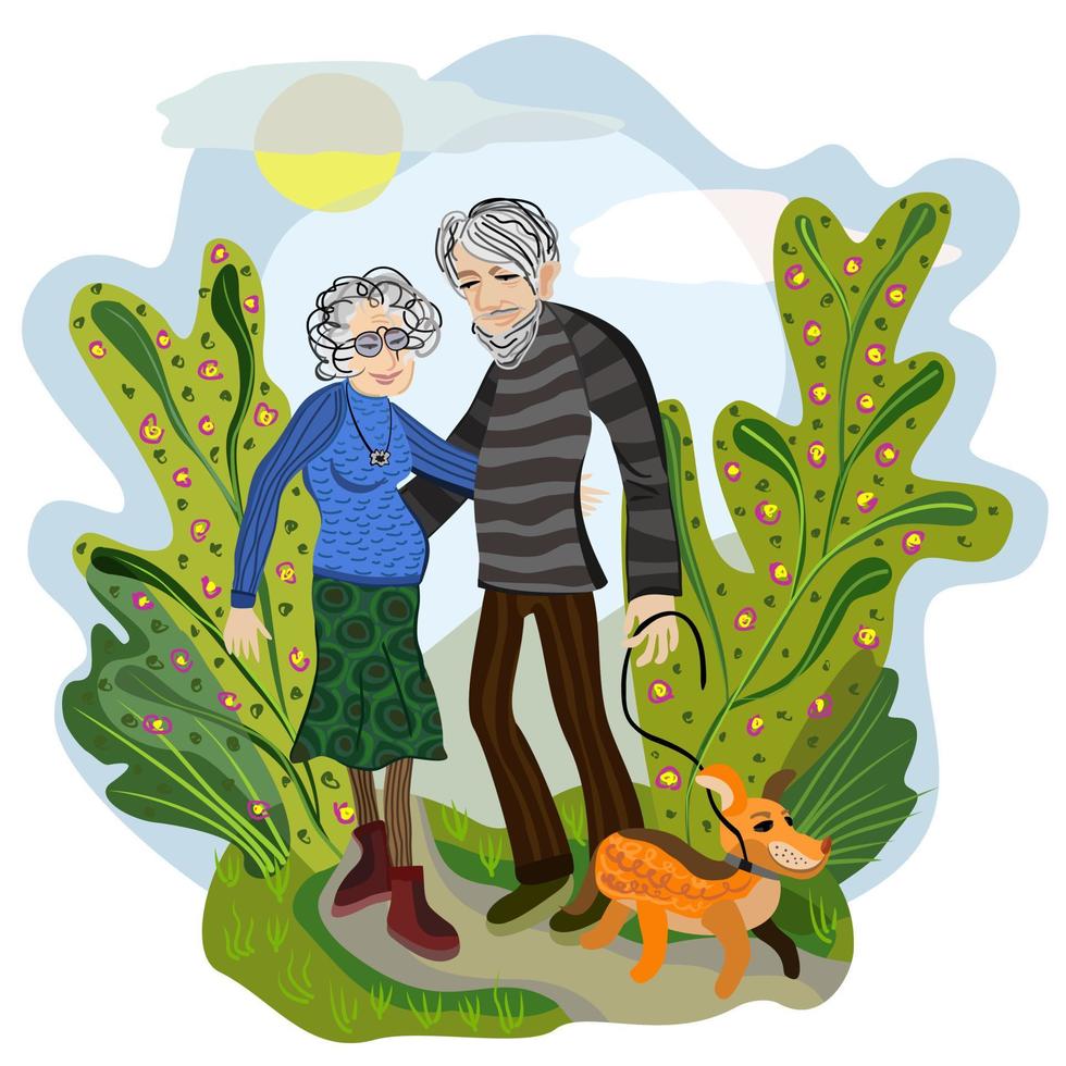 Vector isolated illustration of elderly couple, walking in the park with a dog.
