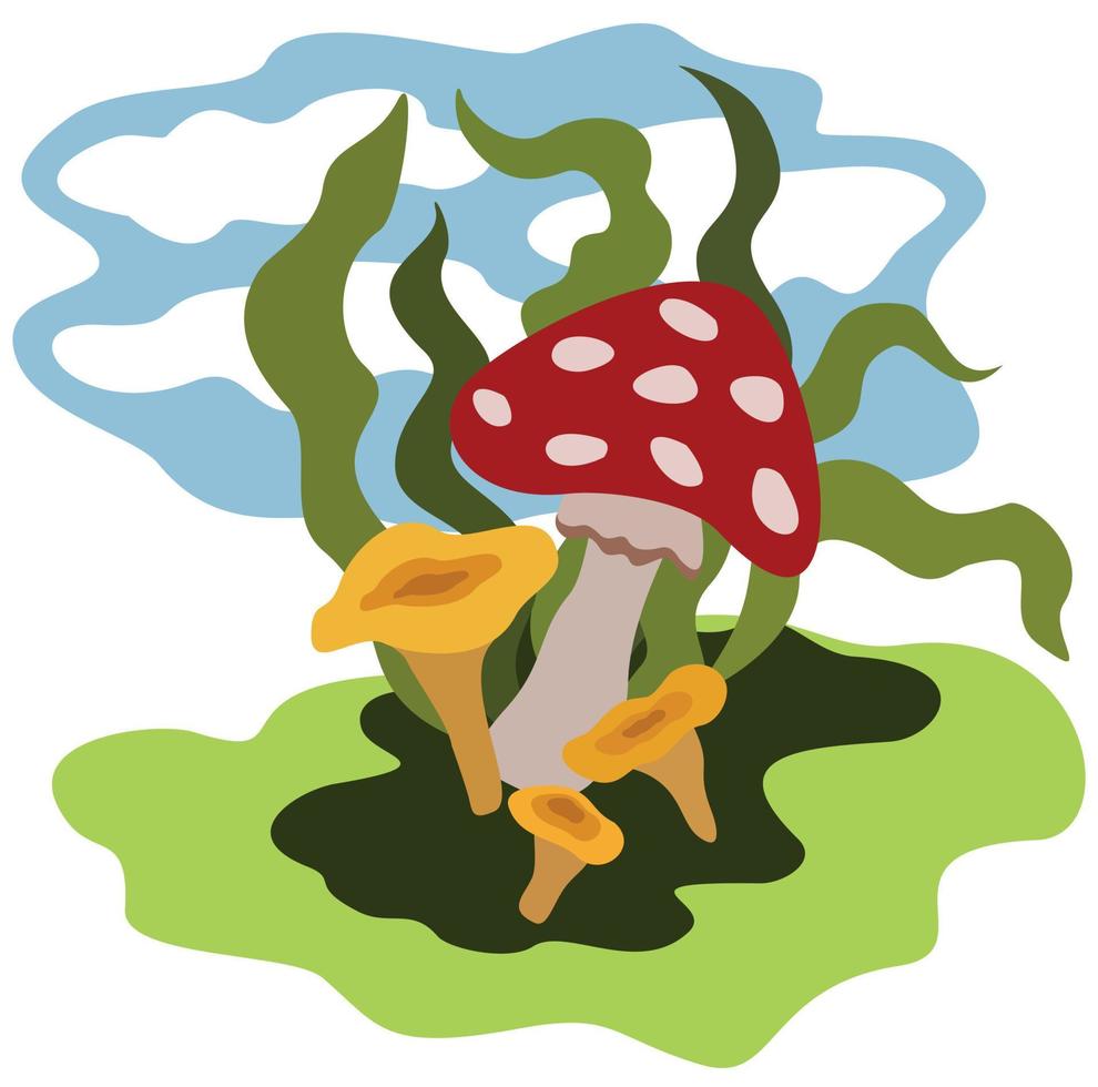 Fly agaric and chanterelles on the meadow vector