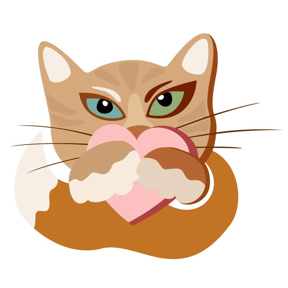 Vector isolated illustration of red cat with a heart in paws.