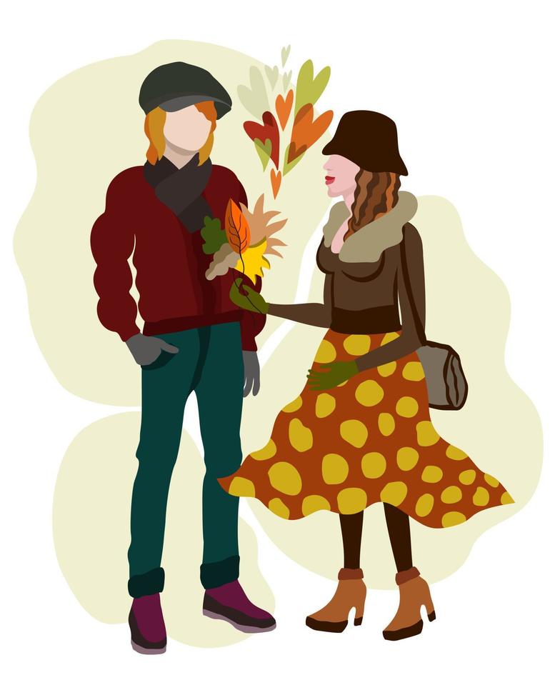 Autumn dating. Woman presents bouquet of autumn leaves to man. vector