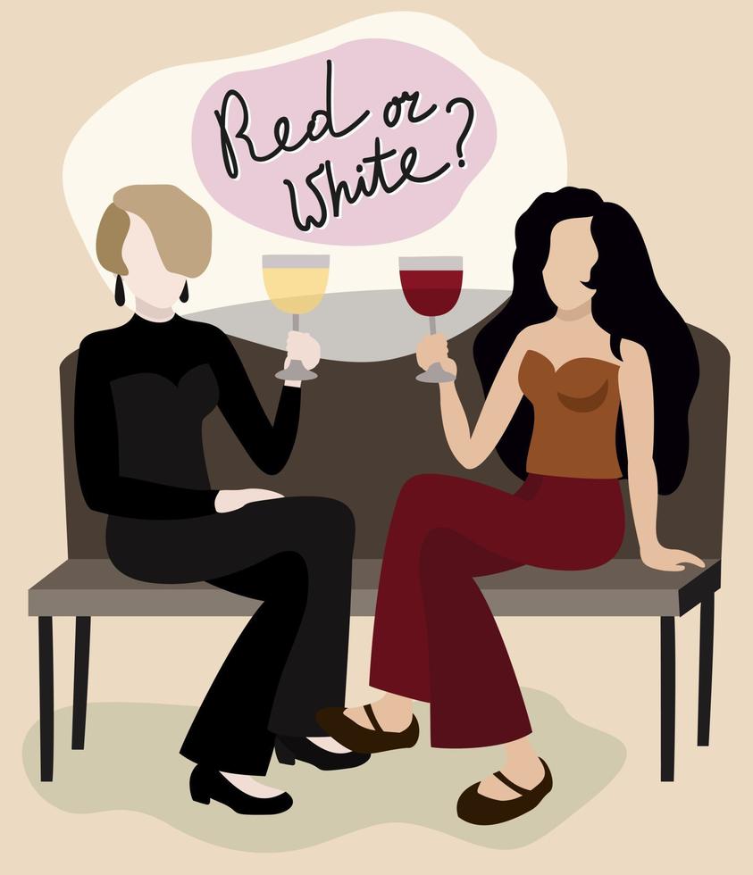 Red or white. Vector concept, flat style. Two women drinking wine. 6043913  Vector Art at Vecteezy