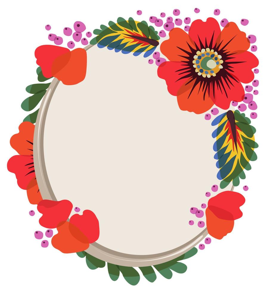 Vector isolated circle frame with poppy flowers.