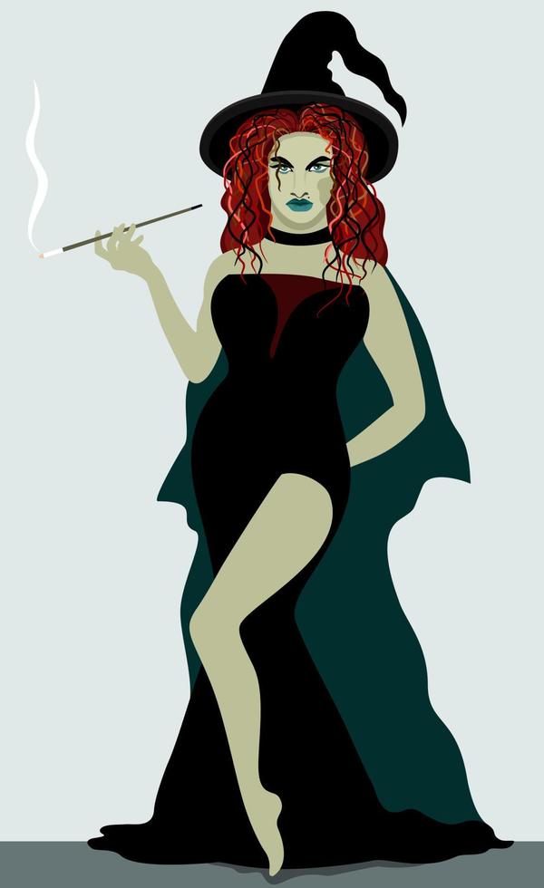 Young witch with cigarette in a holder. Vector illustration.