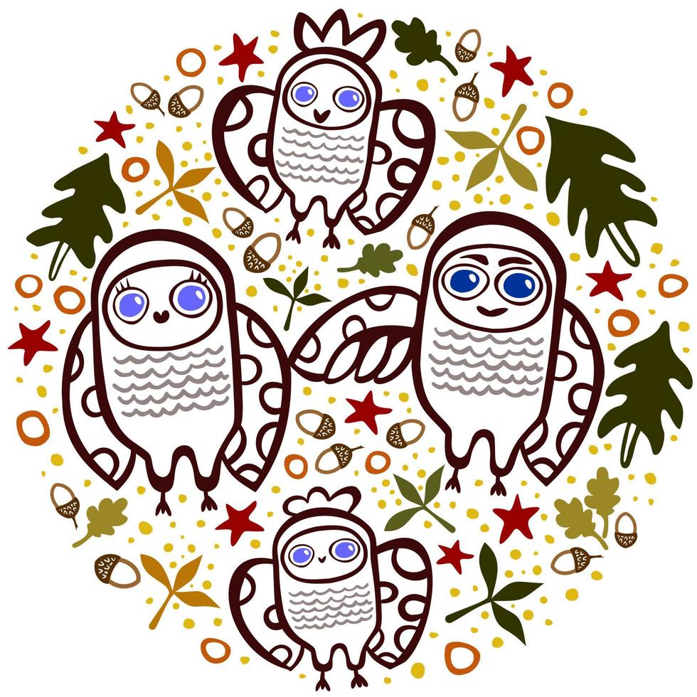 Autumn forest. Doodle illustration with family of owls in a circle. vector