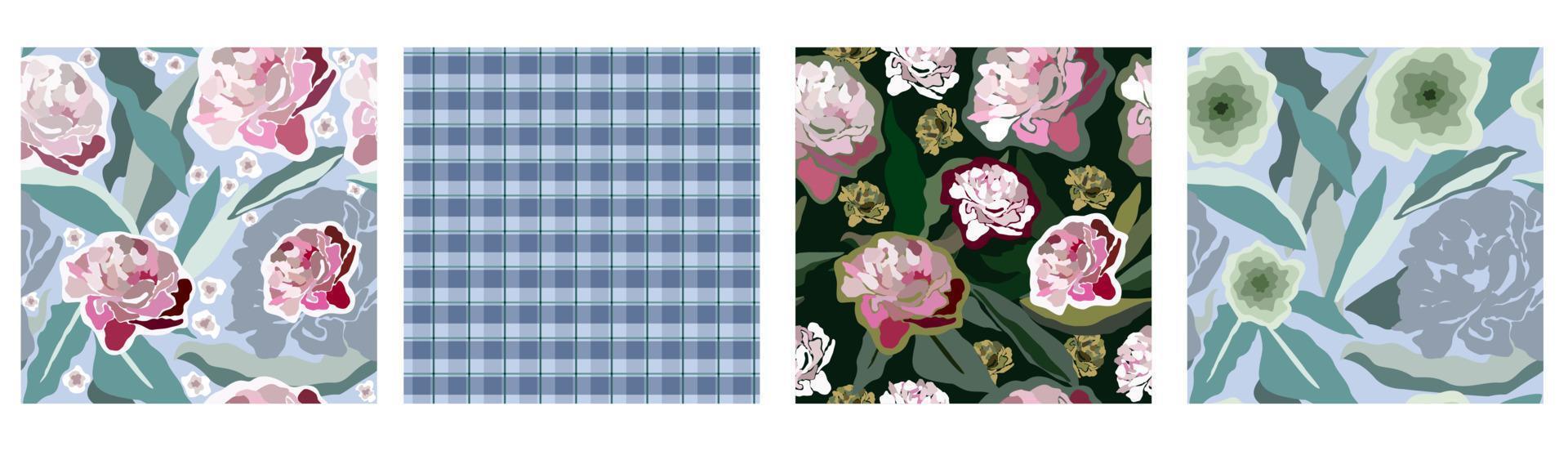 Blue and pink floral pattern set vector