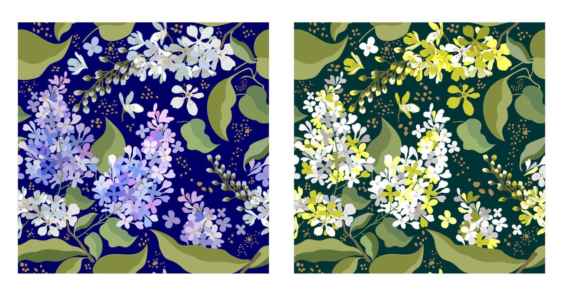 colección de motivos florales con lila y cereza de pájaro vector