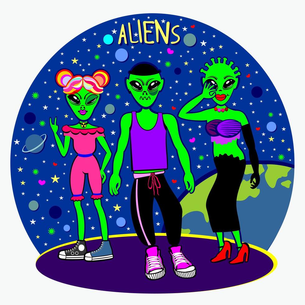 tres extraterrestres de color verde brillante. vector