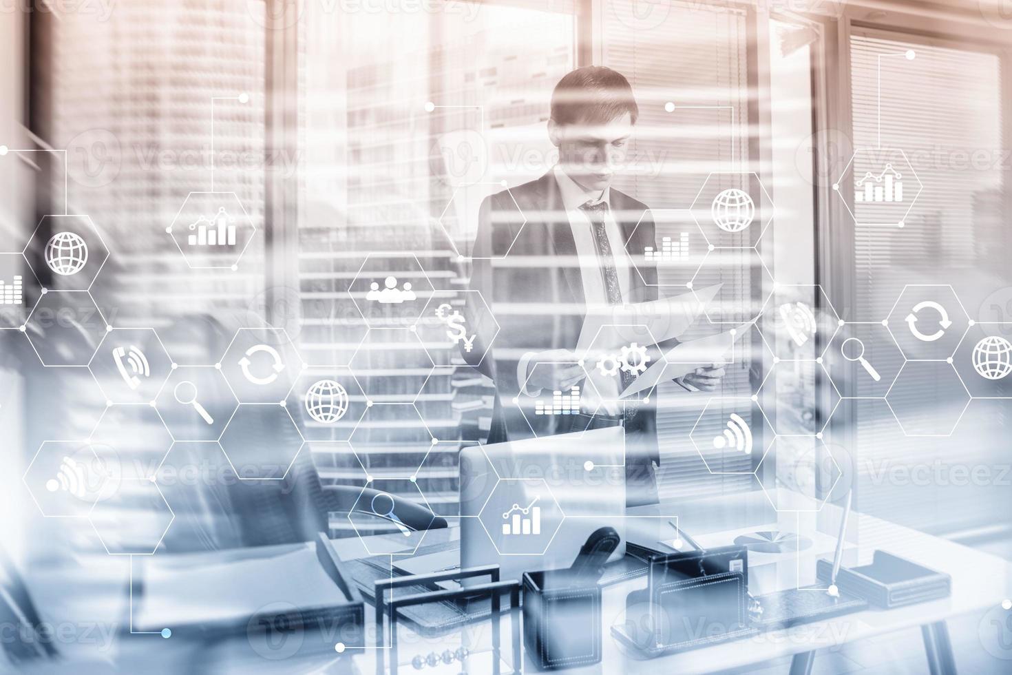 Diagram automation innovation concept. Against the background of young businessmen in the office photo