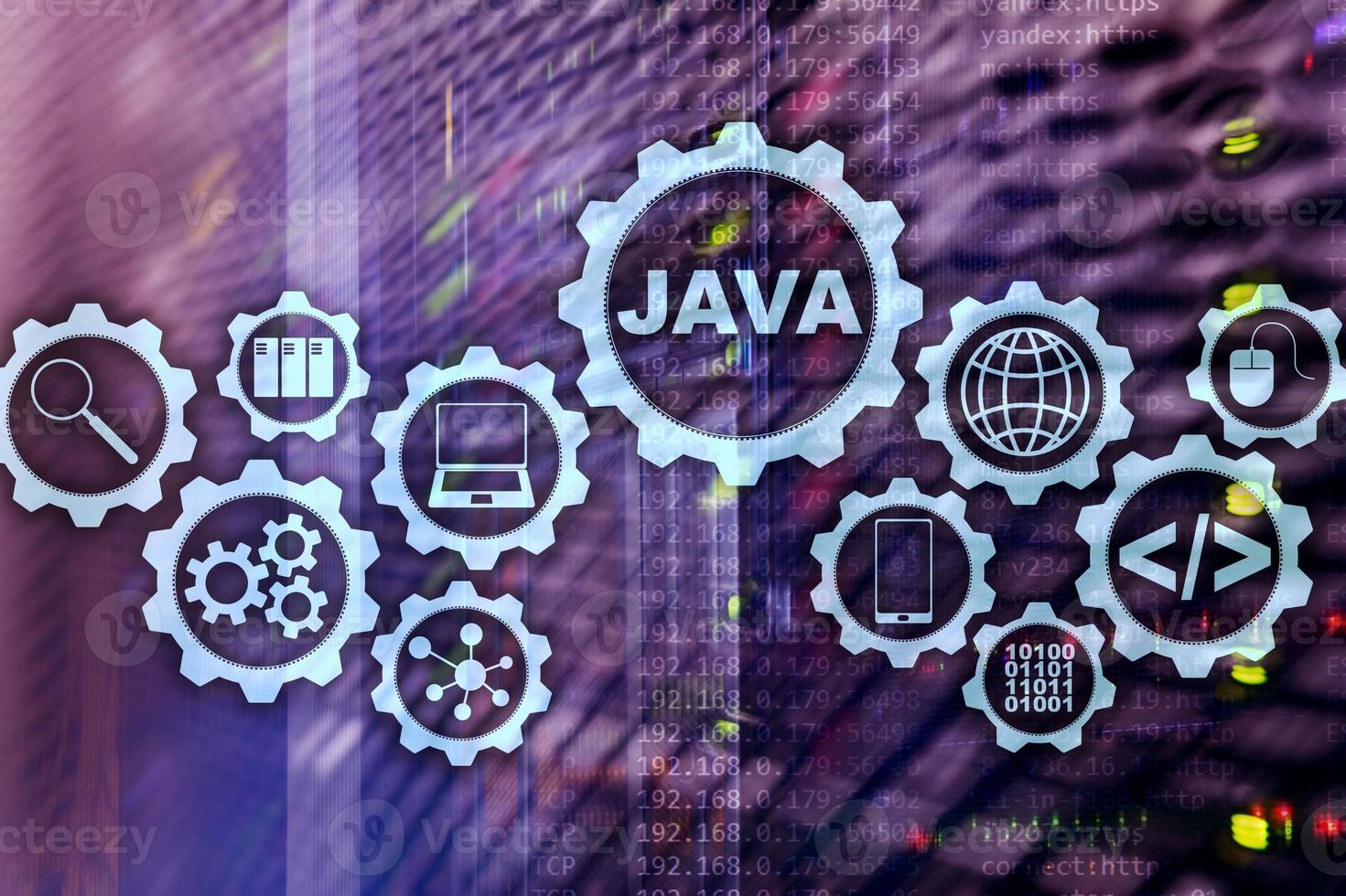 Java Programming concept. Virtual machine. On server room background photo