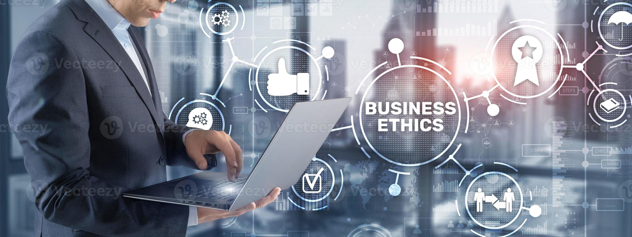 Business ethics Behavior and manners concept. Businessman pressing button on virtual screen photo