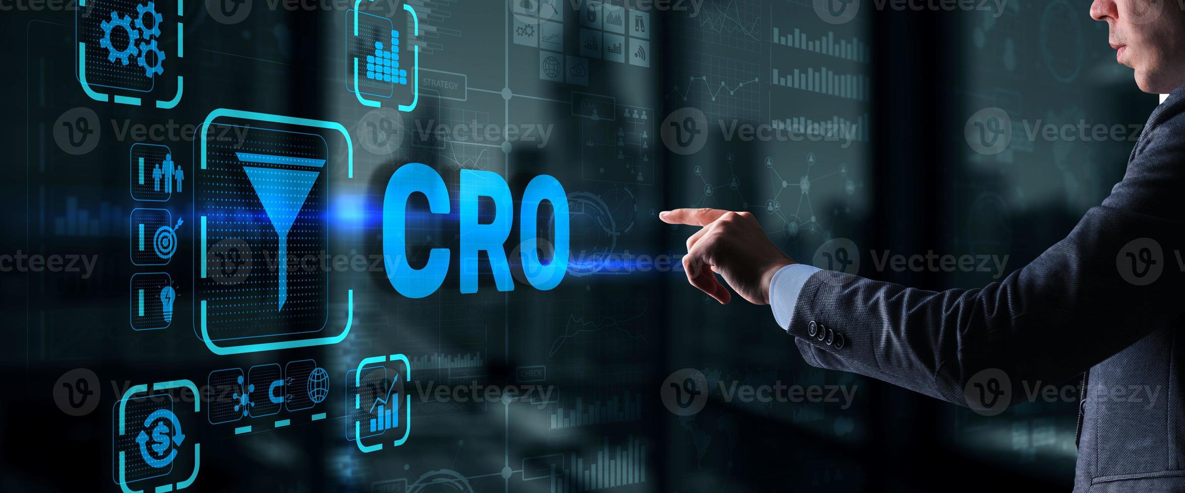 Conversion Rate Optimization. CRO Technology Finance concept Businessman pressing on a virtual screen photo