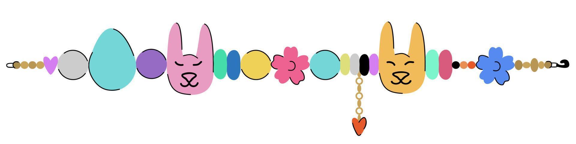 Bracelet with bunnies, beads, flowers, hearts and eggs. Happy Easter. vector