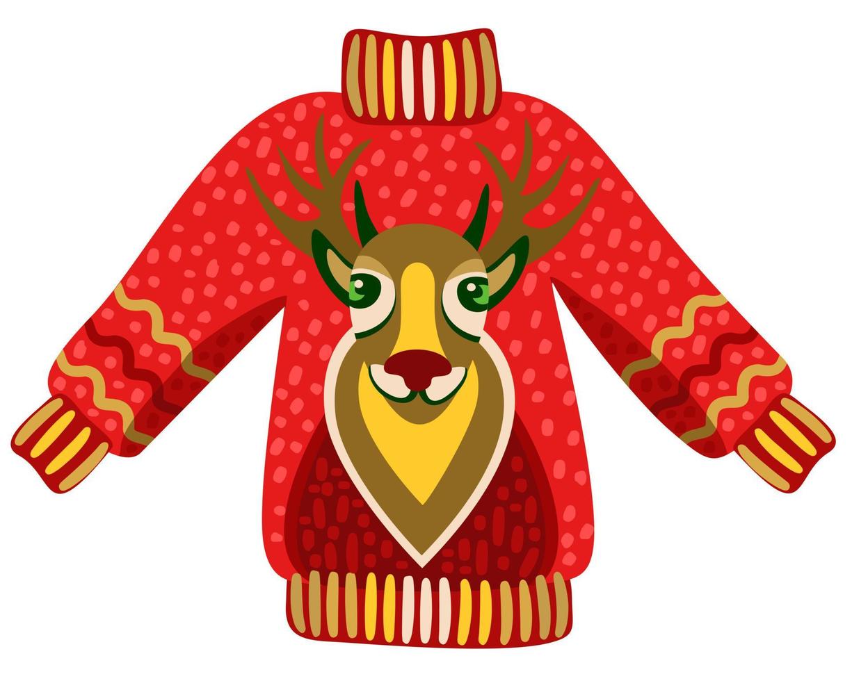 Warm knitted red sweater with deer. vector