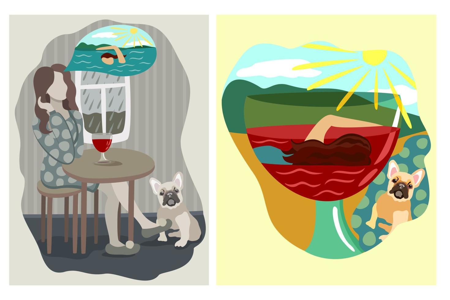 Vector illustration consisting of two parts. Woman sits near the window and drinks wine. She wants to bathe in the sea. Then she drank wine and felt like she was at the sea.
