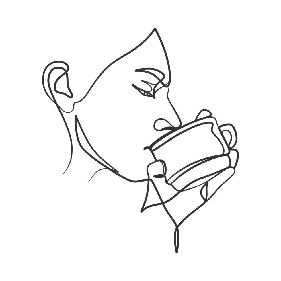 Continuous one line art drawing of woman drinking coffee vector