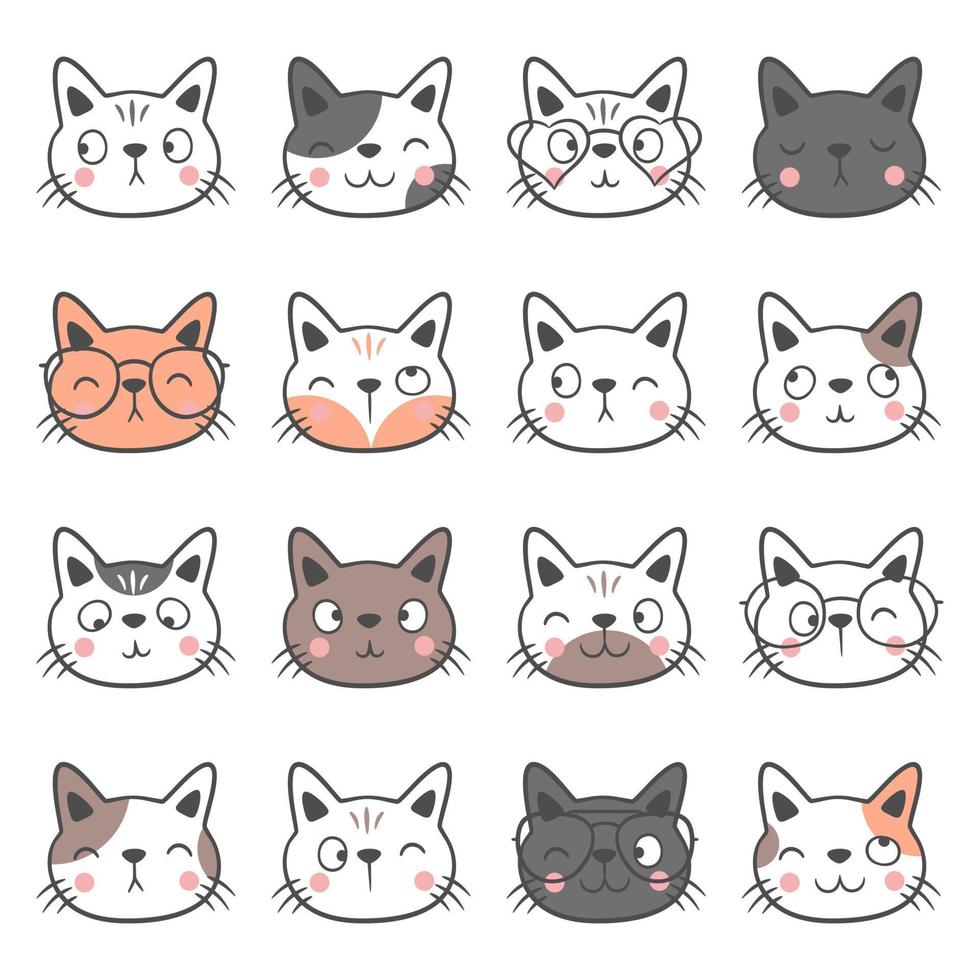 conjunto de cabeza de gatos lindos dibujados a mano vector