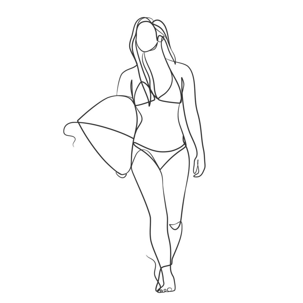 Continuous line drawing of a surfer girl with a surfboard vector