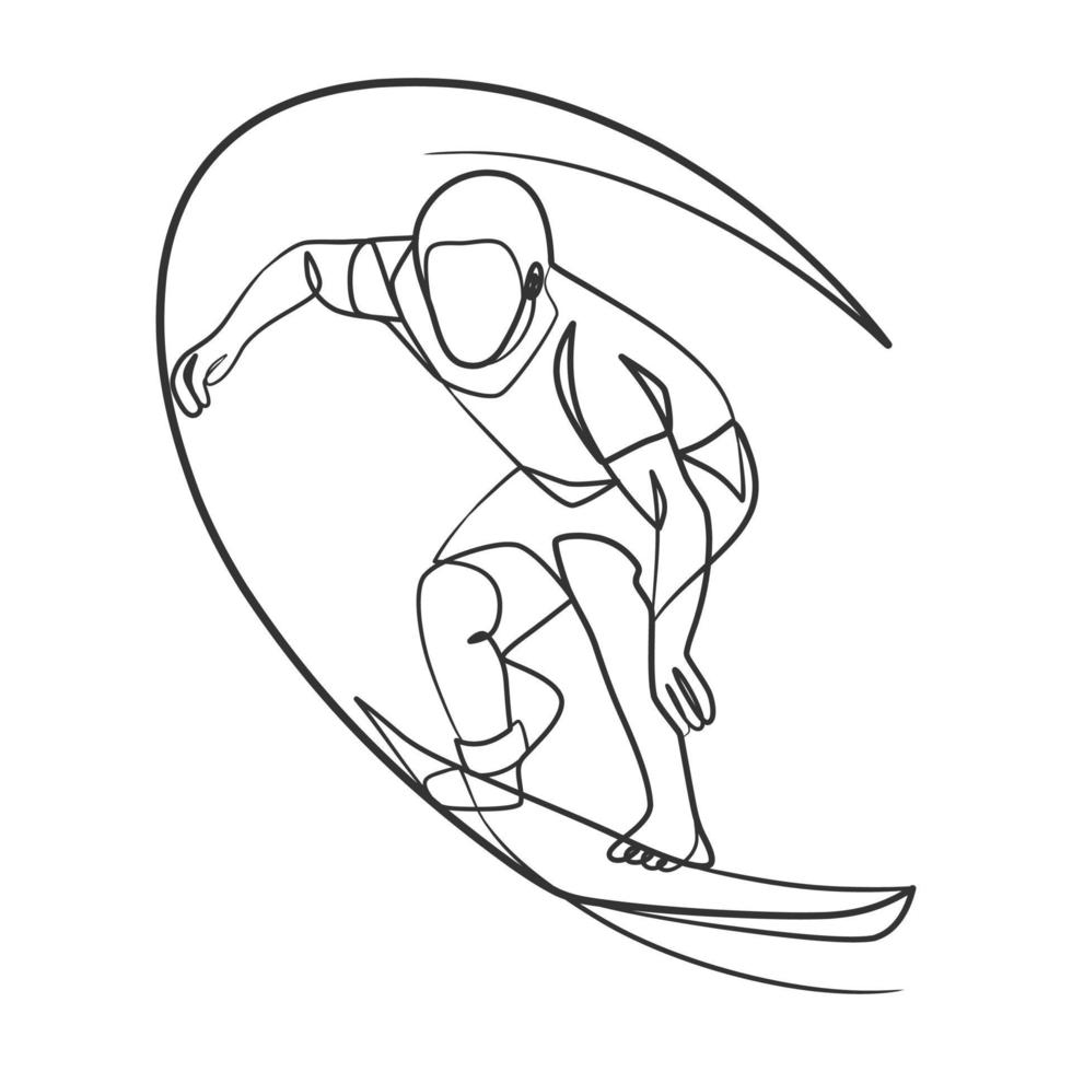 dibujo de línea continua de un surfista con una tabla de surf vector