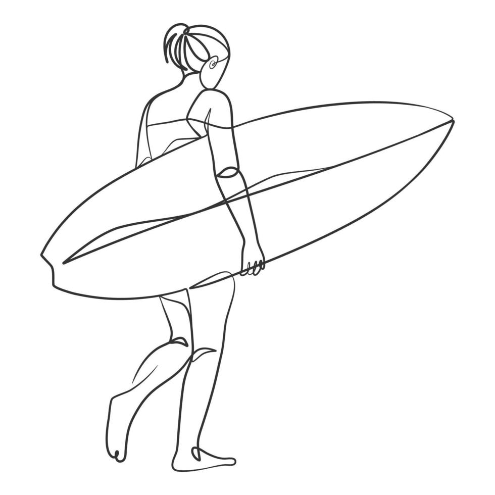 dibujo de línea continua de una chica surfista con una tabla de surf vector