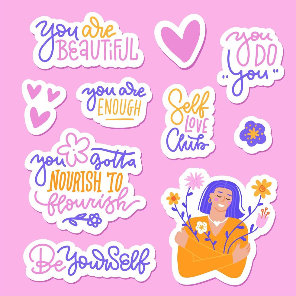 Set of stickers with romantic design elements on self-care theme, letterings and clipart. Flat hand drawn vector illustration. Positive, health, beauty and wellness concept.