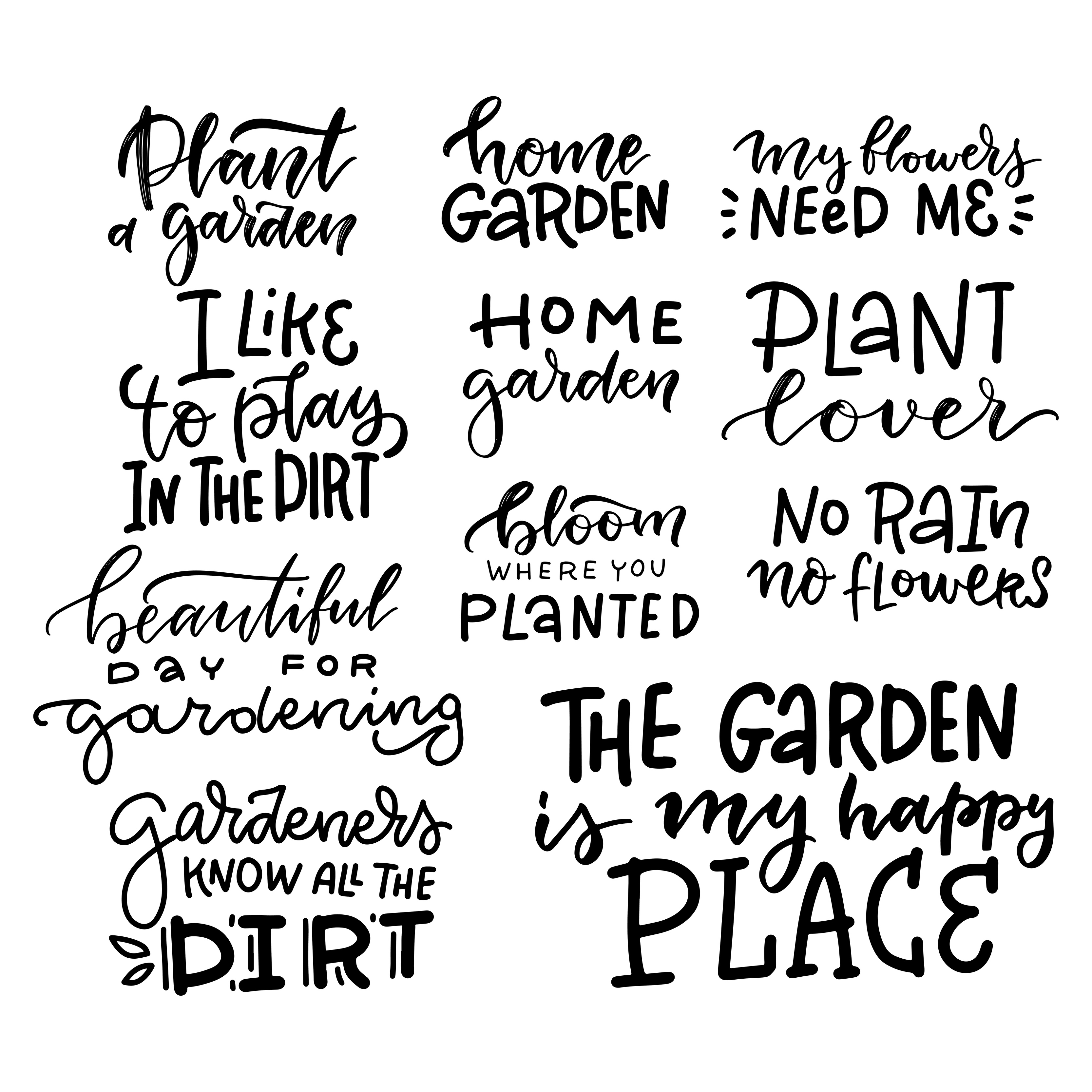 Hand drawn gardening lettering set, funny quote linear typography