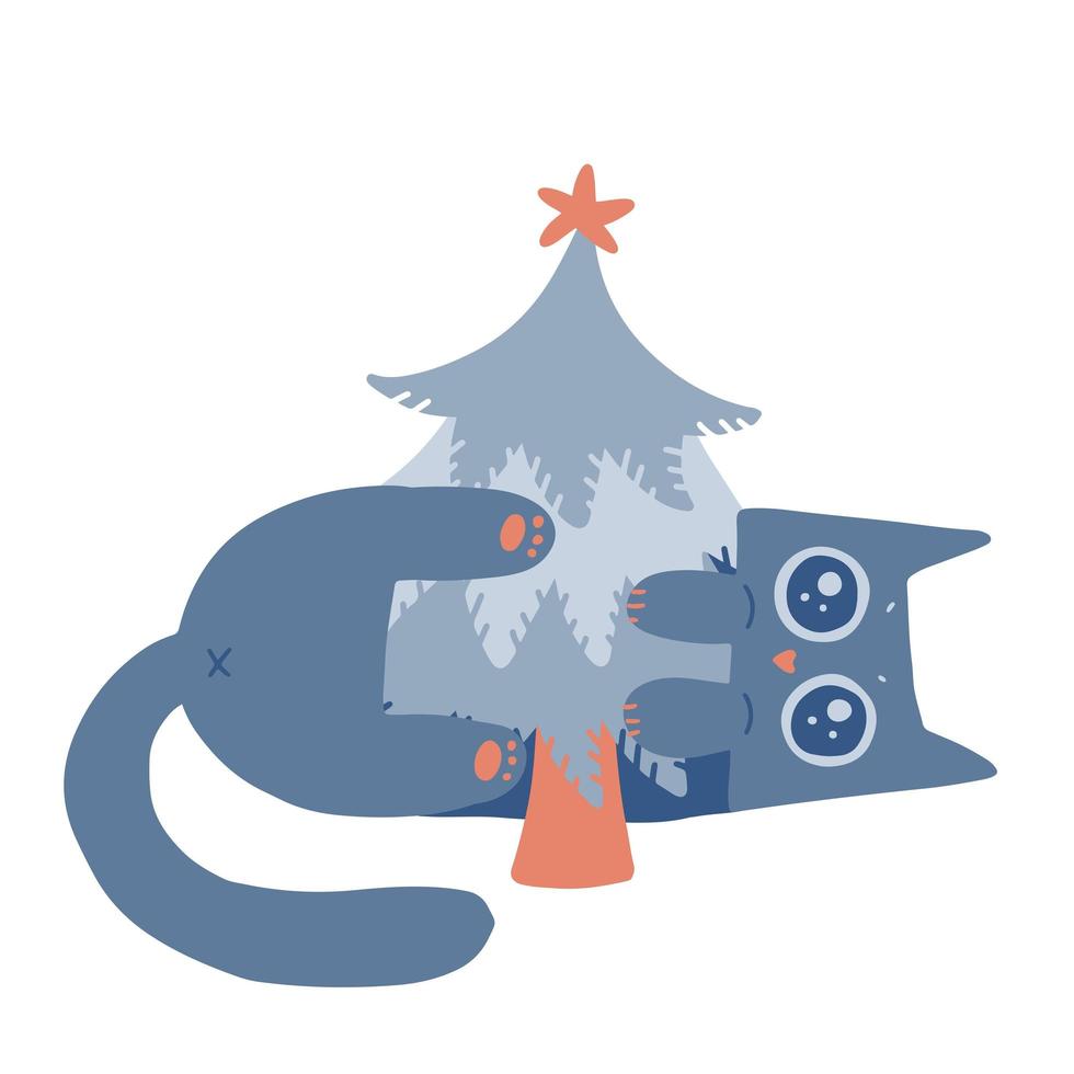 Lying cat hugging small Christmas tree. Naughty kitten. Freehand isolated element. Vector flat Illustration. Only 5 colors - Easy to recolor.