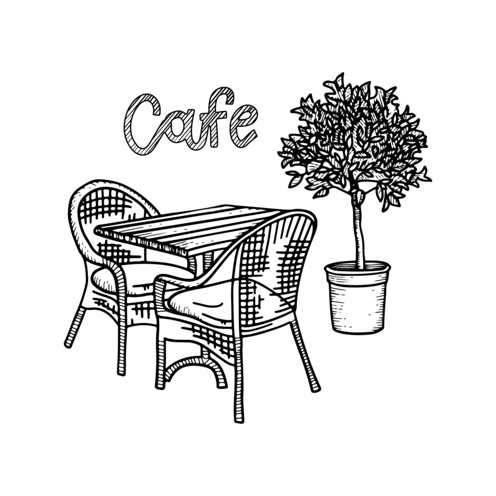 Mobiliario de café callejero dibujado a mano - mesa, dos sillas y planta en maceta. boceto dibujado a mano para el diseño del menú, boceto de la ciudad del restaurante. ilustración vectorial vintage en blanco y negro con letras. vector