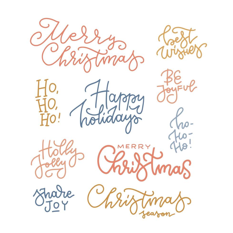 feliz navidad juego de letras dibujadas a mano. felices vacaciones. colección de tipografía lineal. logotipo de momoline vectorial, emblemas, diseño de texto. utilizable para pancartas, tarjetas de felicitación, regalos vector