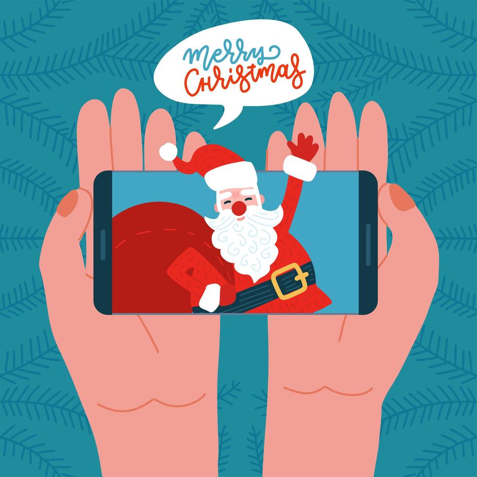 niño haciendo videollamada con santa claus. dos manos sosteniendo un teléfono inteligente. santa llamando en la pantalla del dispositivo, navidad chateando en línea usando la aplicación móvil en las vacaciones de invierno. ilustración plana vectorial. vector