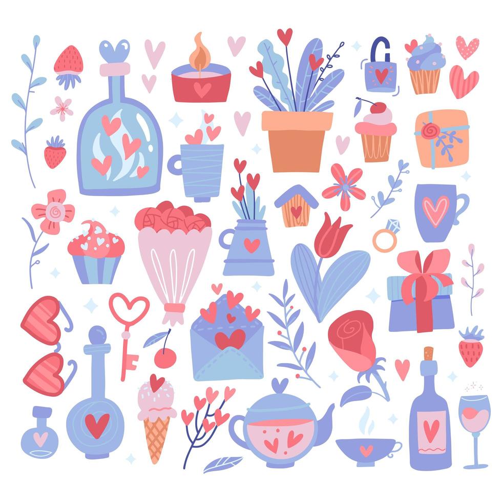 conjunto de iconos grandes del día de san valentín. elementos de diseño romántico aislados en blanco. ilustración dibujada a mano plana vectorial de botellas, vasos, flores y regalos. vector