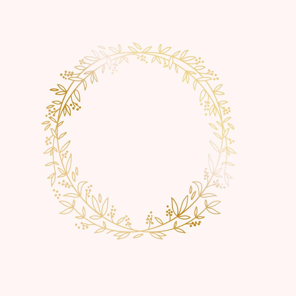 Wreath border frame. Wedding marriage event invitation card template. Luxury bright shiny gold gradient. Text placeholder. Gold floral round frame. vector