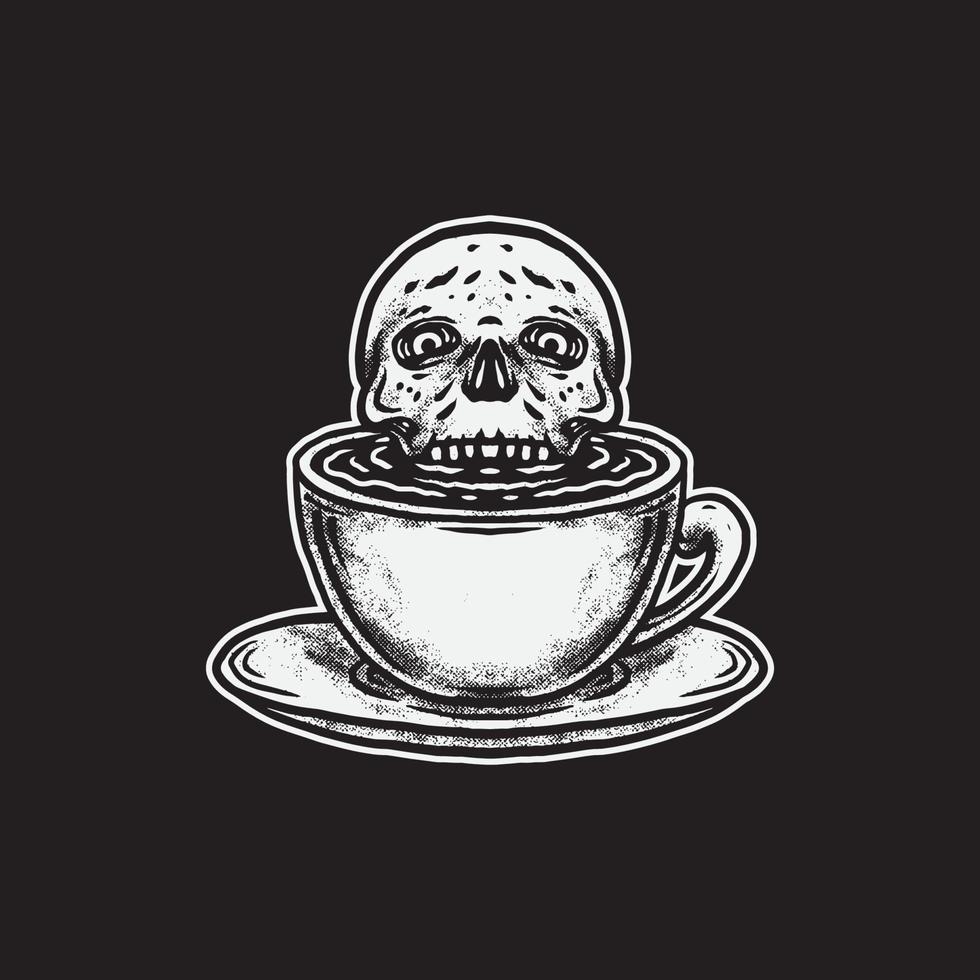 Skull in the coffee cup drawing illustration. vector