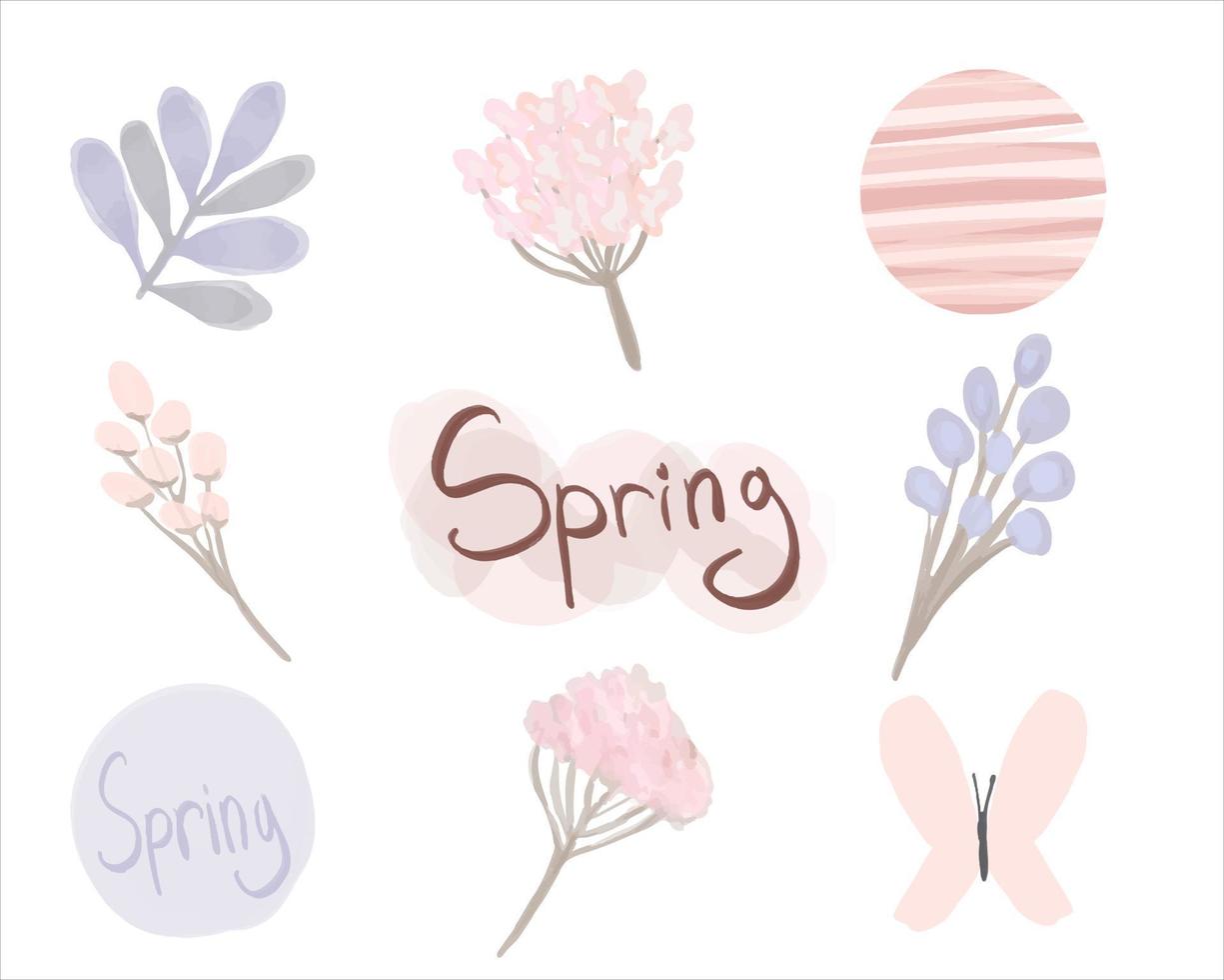 Spring set. Hand drawn Vector elements. Floral watercolor collection in pastel colors. Elements for design isolated on white background in boho style.